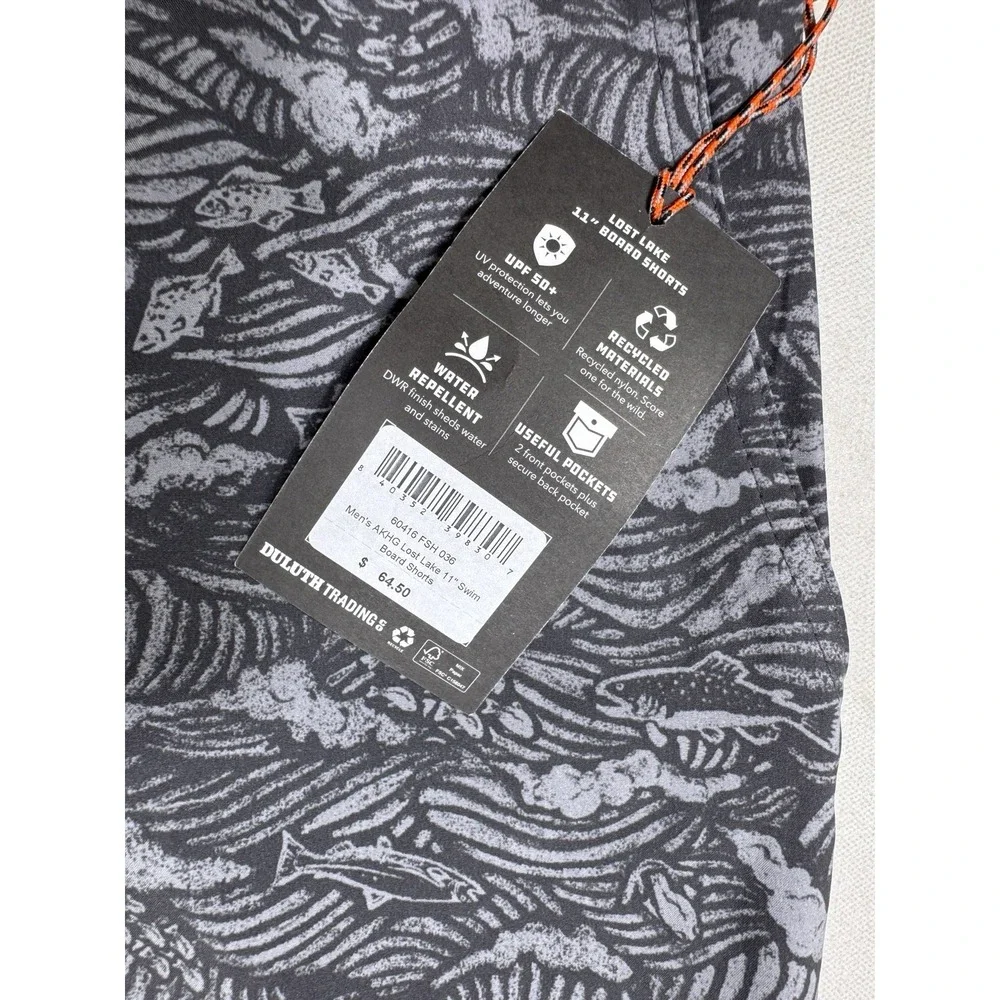 Duluth Alaskan Hardgear Lost Lake Fish Print Gray Board Shorts Men's 36x11 NWT